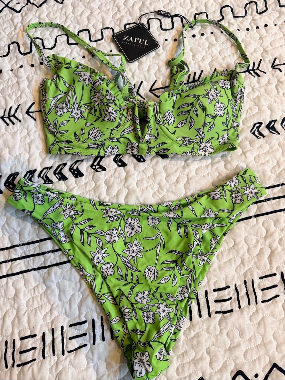 Zaful Lime Green Floral Bandeau Bikini Set